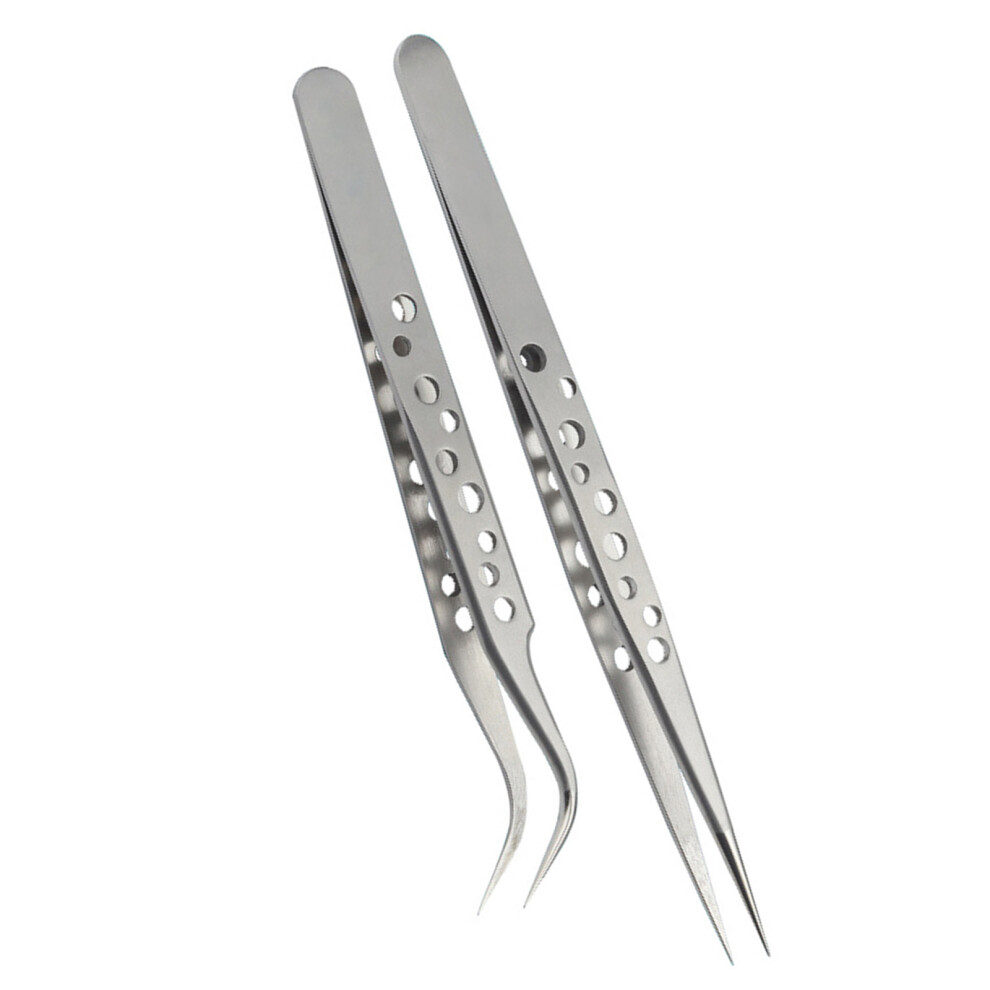 2Pcs Functional Stainless Steel Curved And Straight Tweezers Set 7754000324002