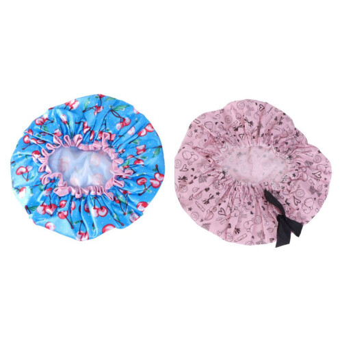 2 duschmössor, tvålagers, vattentäta, rosa körsbärsmönster 1