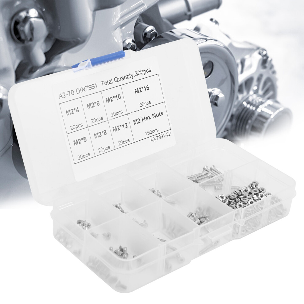 300Pcs M2 Stainless Steel Hex Screws And Nuts Countersunk Head Fastener Kit 7891360324157