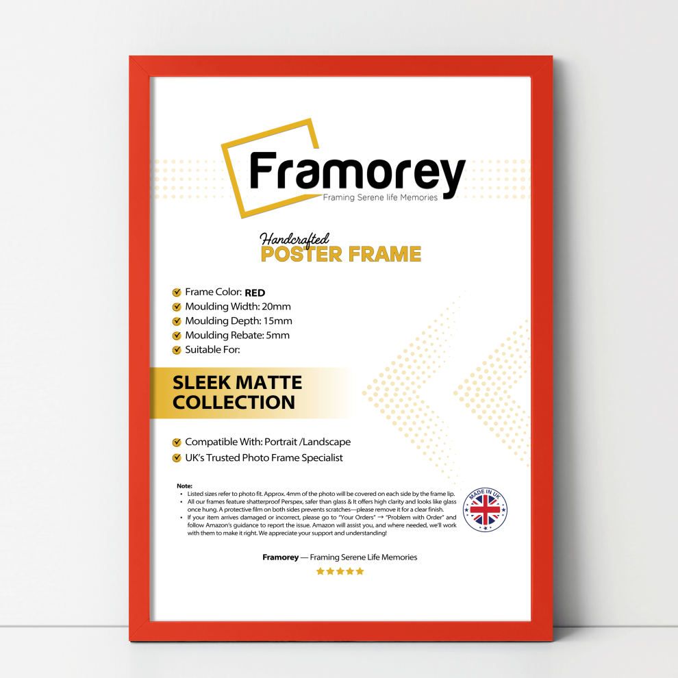Framorey (30X40 Cm) Thin Matt Picture Frame / Wall Art Frames / Flat Wooden Effect Poster Frame Red
