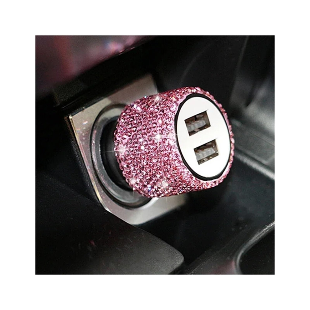 Bling Usb Car Charger 5V 2.1A Dual Port Fast Charger Car Decor Diamond Car Accessories Interior For Women Pink 9339159106433