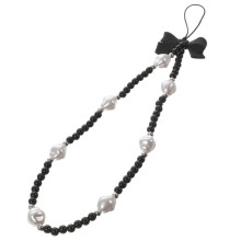 Handy-Anhänger mit Schleife und Perlen, kann als Schlüsselband oder Armband getragen werden.