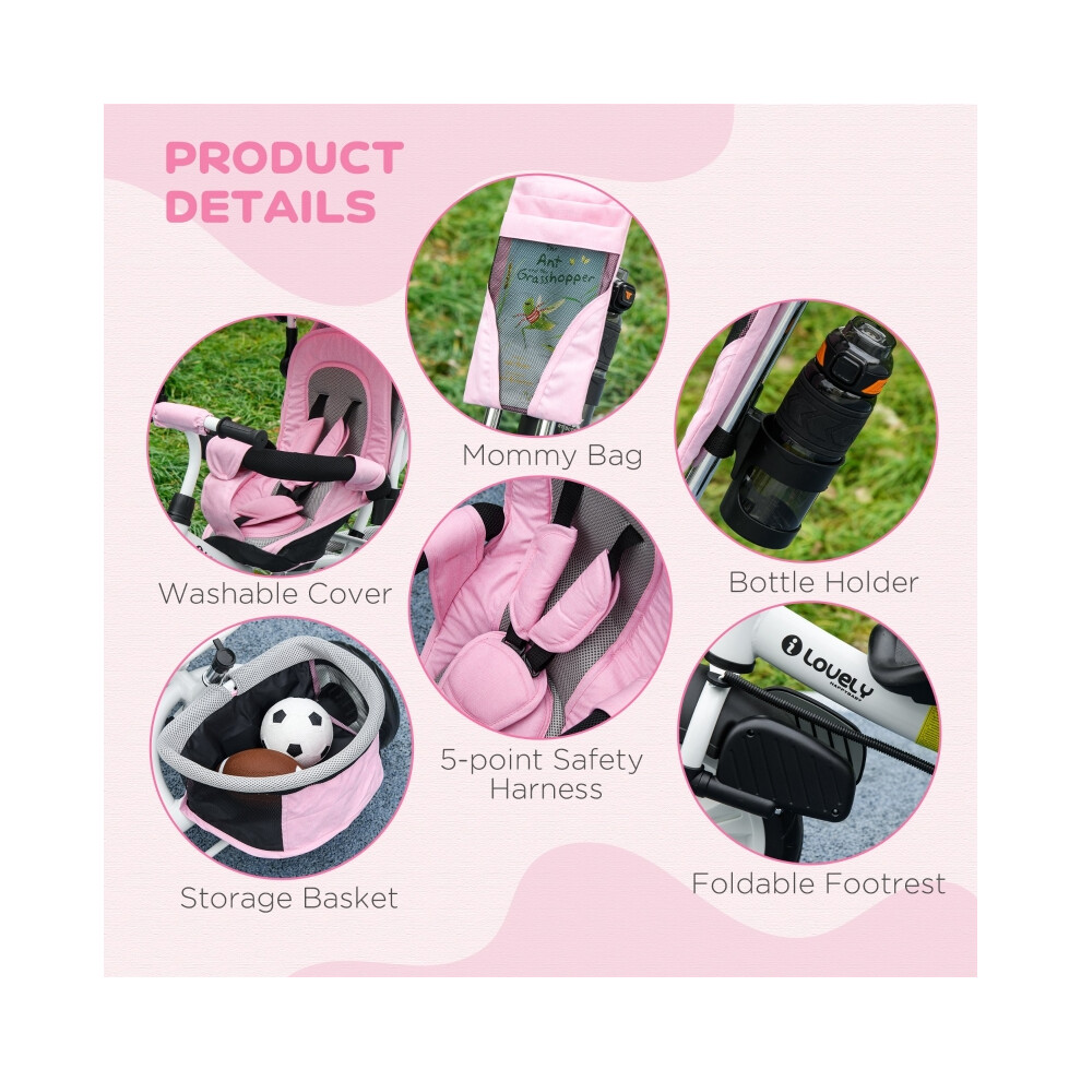 Kids 6-in-1 Trike with Canopy Parent Handle Safety Belt Storage Footrest Brake for 1-5 Years Pink-image-OPC-PMXKTZV-NEW