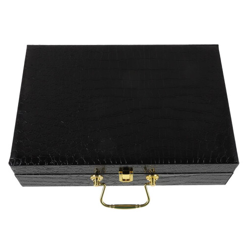 Cigar box with hinged lid and buckle closure. Portable case.