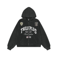 (L, black) Letter Print Hooded Sweatshirt Men's Vintage Streetwear Loose Fit Casual Zip Up Jacket