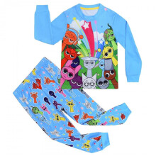 (110cm, blue) Kids Long Sleeve Pajama Set Cartoon Print Cotton Blend Sleepwear 2-Piece Comfortable Children's Pajamas