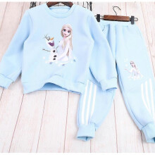 (110cm, Light blue with fleece lining) Girls Fleece Hoodie Set Winter Thermal Two-Piece Cartoon Print Cute Casual Outfit Coat