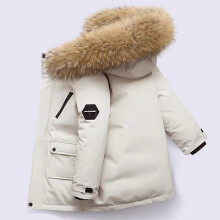 (130cm, beige) Winter Boys Parka Coat with Detachable Fur Hood, Thickened Polyester Filling