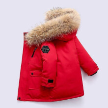 (140cm, red) Winter Boys Parka Coat with Detachable Fur Hood, Thickened Polyester Filling