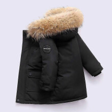 (150cm, black) Winter Boys Parka Coat with Detachable Fur Hood, Thickened Polyester Filling
