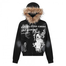 (M, black) 2025 New Men's American Streetwear Hooded Sweatshirt with Fur Collar, Distressed Washed Zip-Up Hoodie, Thick Cotton Oversized Jacket