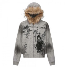 (M, gray ash) 2025 New Men's American Streetwear Hooded Sweatshirt with Fur Collar, Distressed Washed Zip-Up Hoodie, Thick Cotton Oversized Jacket