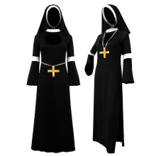 (M, black) Nun Costume for Women Halloween Cosplay Outfit with Cross Necklace and Headpiece Role Play Dress for Stage Performance