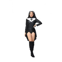 (S, black) Halloween Nun Costume PU Leather Punk Nun Outfit Cosplay Uniform Dress Set with Headscarf