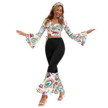 (M, white) 2025 Summer New Retro Disco Stage Costume 70s Print Top and Pants Set Women's Ethnic Tribal Outfit