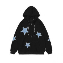 (XXL, black) Retro Star Patch Hooded Sweatshirt Fleece Lined Oversized Zip Up Jacket Unisex Couple Casual Outerwear