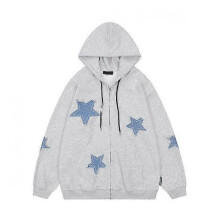 (XXXL, grey) Retro Star Patch Hooded Sweatshirt Fleece Lined Oversized Zip Up Jacket Unisex Couple Casual Outerwear