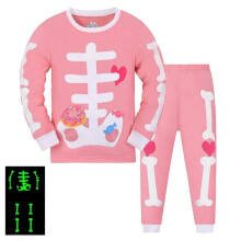 (8Y, pink) Boy's Long-Sleeved Pajama Set Two-Piece Pure Cotton Ribbed Nightwear with Glow-in-the-Dark Print