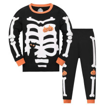 (5Y, black) Boy's Long-Sleeved Pajama Set Two-Piece Pure Cotton Ribbed Nightwear with Glow-in-the-Dark Print