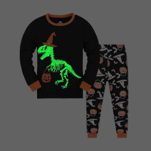 (5Y, black1) Boy's Long-Sleeved Pajama Set Two-Piece Pure Cotton Ribbed Nightwear with Glow-in-the-Dark Print