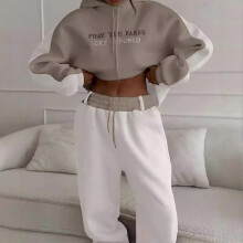 (S, khaki) Fall New Women's Jacket Sweatshirt with Letter Print & Drawstring Pants Set Streetwear Fashion Outfit