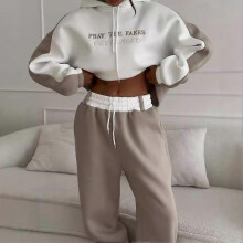 (L, white) Fall New Women's Jacket Sweatshirt with Letter Print & Drawstring Pants Set Streetwear Fashion Outfit