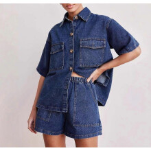 (XL, Dark Blue  Suit) Retro casual loose pocket short-sleeved shirt shorts denim two-piece suit