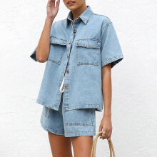(M, Light Blue  Suit) Retro casual loose pocket short-sleeved shirt shorts denim two-piece suit