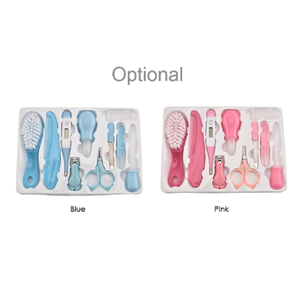 Baby Grooming & Health Kit 10 Pcs - Digital Thermometer, Nail Clipper, Food Feeder, Pink/Blue
