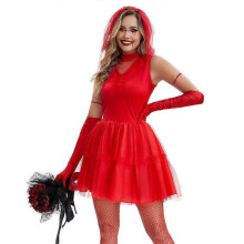 (L, set2) 2025 New Halloween Cosplay Dress Red Ghost Bride Costume Adult Role Play Outfit Full Set with Veil Gloves Stockings