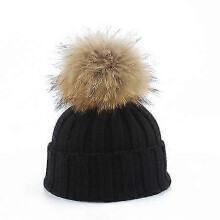 (Black) Toddler Girls Boys Warm Winter Fur Pom Hat Knit Beanie Crochet Ski Ball Cap