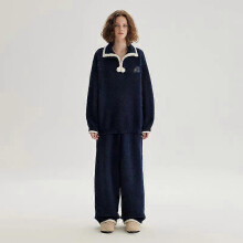 (Size F, navy blue) Solid Color Women's Fleece Pajama Set, Plush Warm Fluffy Comfortable Wearable Outside, Autumn Winter Sleepwear