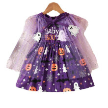 (2 3Y, purple) New Halloween Girls Toddler Pumpkin Ghost Print Vest Dress with Star Mesh Cape Set Dark Violet 1-6 Years