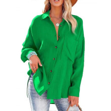 (M, green) 2025 Fashion Candy Color Shirt with Pocket for Women, Korean Casual Style Long Sleeve Blouse, Polyester Wrinkle-Free