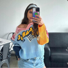 (L, blue) Contrast Color Letter Lapel Sweater Women's Long Sleeve Knit Top Lazy Style Street Fashion Pullover Coat