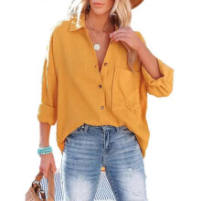 (L, yellow) 2025 Fashion Candy Color Shirt with Pocket for Women, Korean Casual Style Long Sleeve Blouse, Polyester Wrinkle-Free
