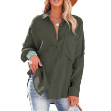 (XXL, grey) 2025 Fashion Candy Color Shirt with Pocket for Women, Korean Casual Style Long Sleeve Blouse, Polyester Wrinkle-Free