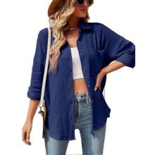 (M, navy blue) 2025 Fashion Candy Color Shirt with Pocket for Women, Korean Casual Style Long Sleeve Blouse, Polyester Wrinkle-Free