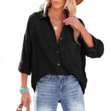 (L, black) 2025 Fashion Candy Color Shirt with Pocket for Women, Korean Casual Style Long Sleeve Blouse, Polyester Wrinkle-Free