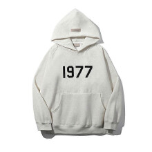 (M, white grey) 1977 Fleece Letter Hoodie Unisex Pullover Oversized Jacket Streetwear Autumn Winter