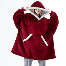 (one size, burgundy) Fleece hooded pajamas Couples' homewear Simple solid colour design