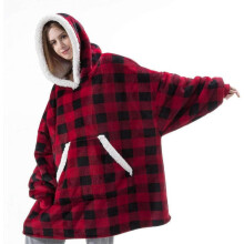 (one size, red and black checkered) Fleece hooded pajamas Couples' homewear Simple solid colour design