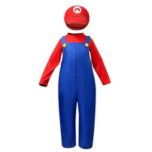 (M, Children red) Mario Cosplay Costume Halloween Party Game Uniform Couple Outfit Adult Kids