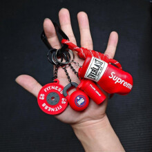 (red) Mini Fitness Kettlebell Dumbbell Keychain with Faux Leather Boxing Glove Charm
