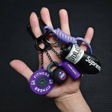 (purple) Mini Fitness Kettlebell Dumbbell Keychain with Faux Leather Boxing Glove Charm