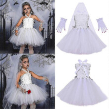 (100cm) Girls Halloween Ghost Bride Cosplay Costume Dress Veil Vampire Tulle Fancy Dress