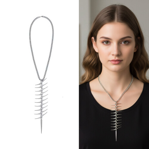 Futuristic Fishbone Neck Chain Bracelet Silver-fish necklace 2