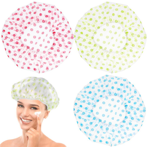 6 gorros de ducha reutilizables, estampado de lunares, ajustables 1