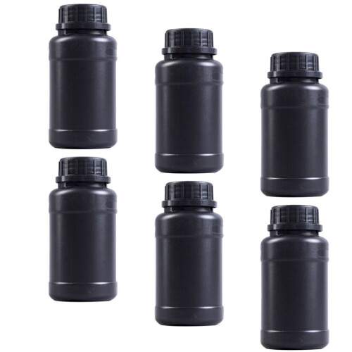 6 botellas químicas, opacas, negras