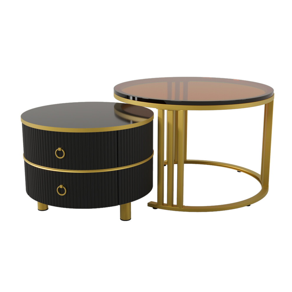 Round MDF Coffee Table Set with High-Gloss Top and Brown Tempered Glass Side Table 2 Drawers 70x70x45 cm & 50x50x40 cm-image-OPC-PMXNMK7-NEW
